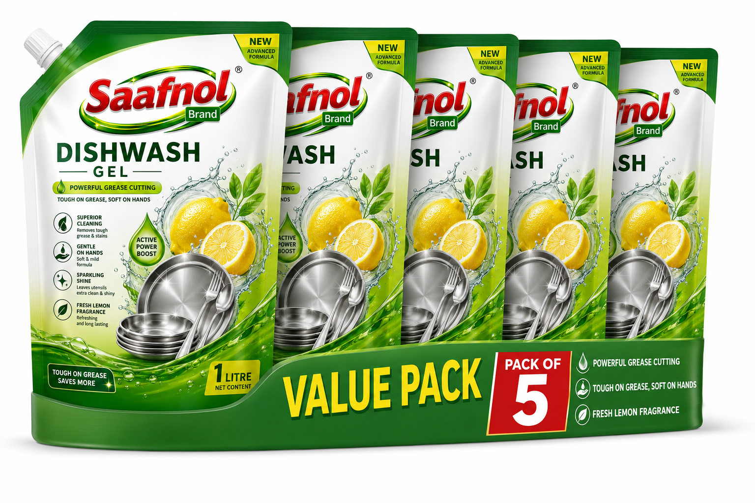 Saafnol Dishwash Gel 1 Litre - Pack Of 5 (Lemon)
